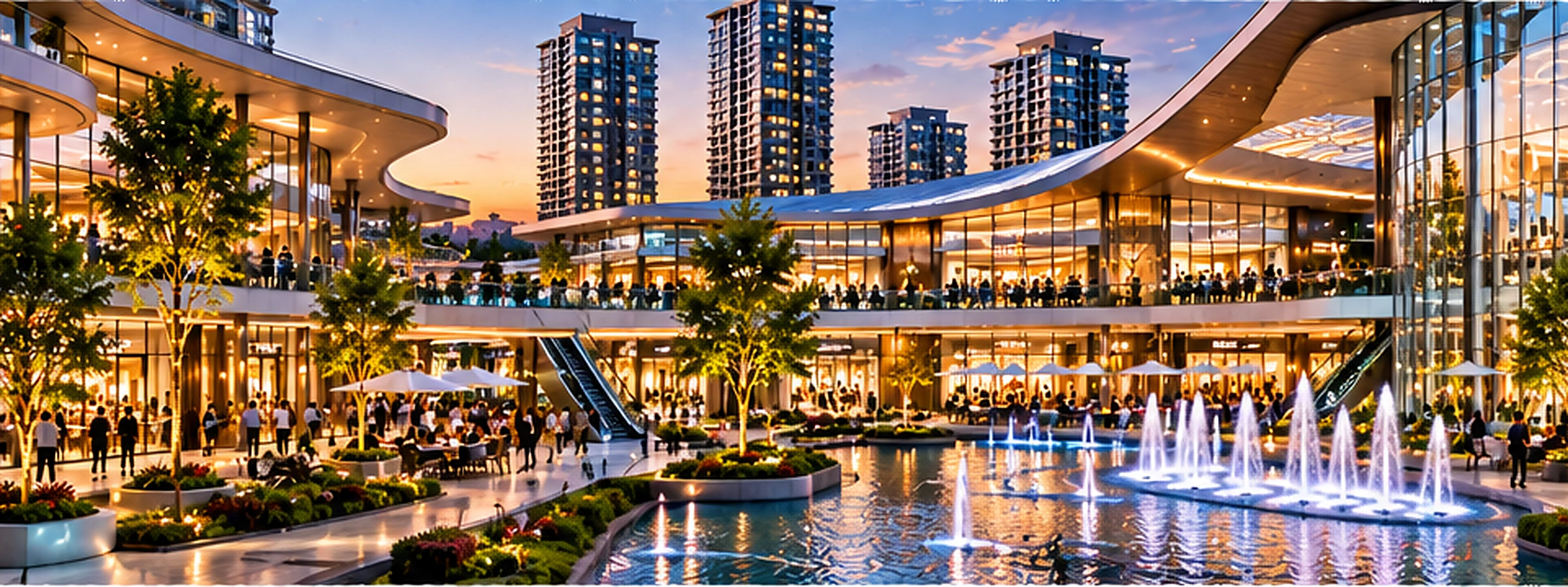 Büyük cam cepheli modern AVM ve yeni şehir meydanı